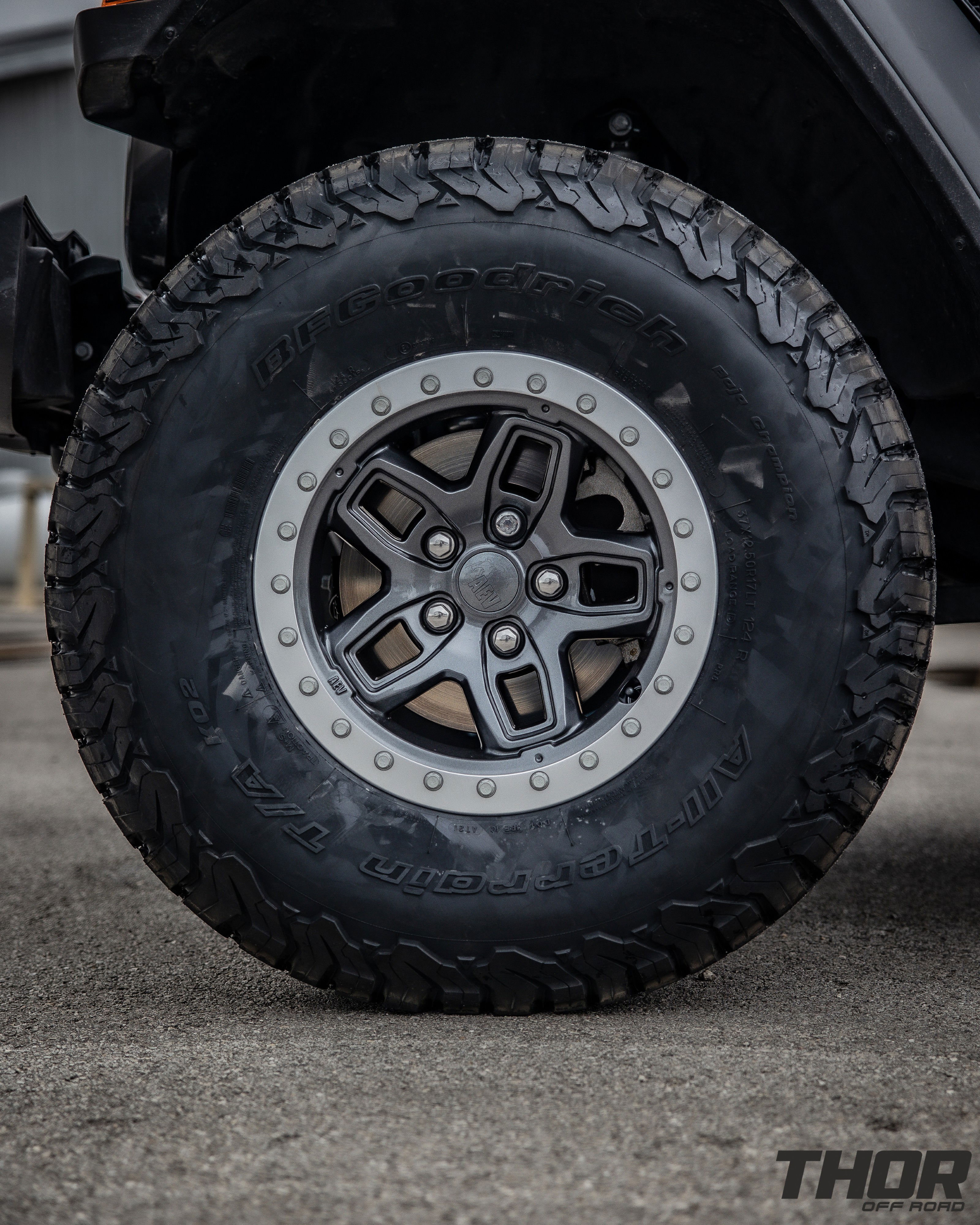 2023 Jeep Gladiator Rubicon in Grey with AEV 2.5" DualSport RT Lift Kit, AEV Borah Wheels, 37x12.50R17 BF Goodrich A/T K02 Tires