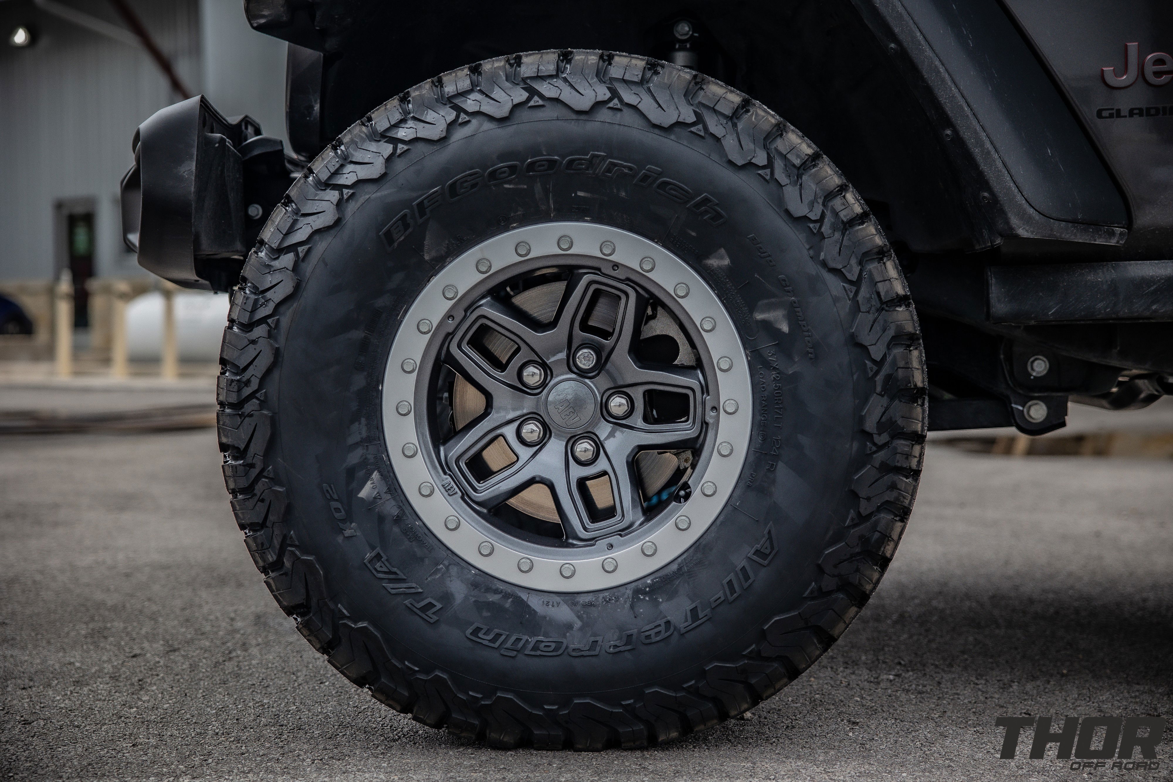 2023 Jeep Gladiator Rubicon in Grey with AEV 2.5" DualSport RT Lift Kit, AEV Borah Wheels, 37x12.50R17 BF Goodrich A/T K02 Tires