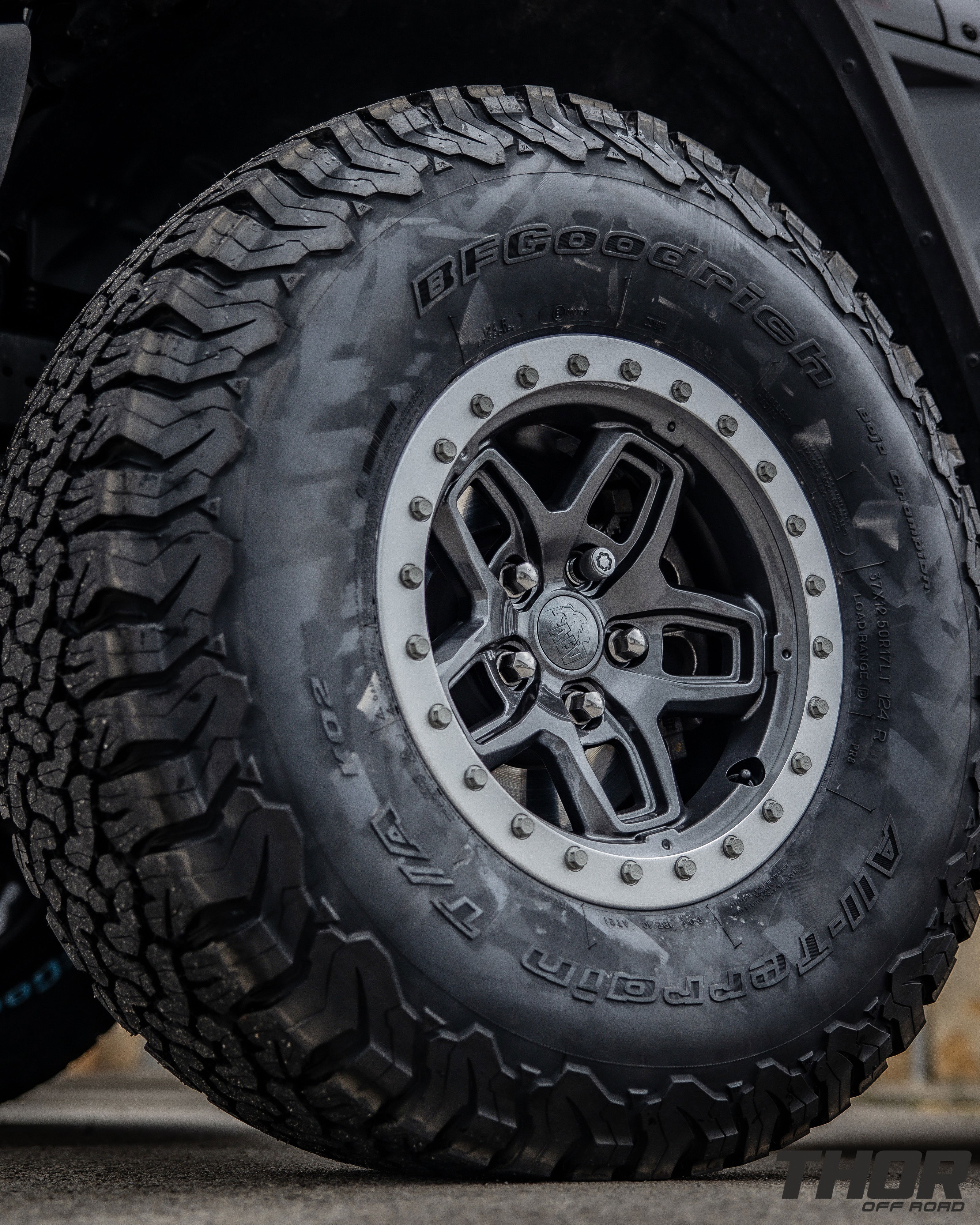 2023 Jeep Gladiator Rubicon in Grey with AEV 2.5" DualSport RT Lift Kit, AEV Borah Wheels, 37x12.50R17 BF Goodrich A/T K02 Tires