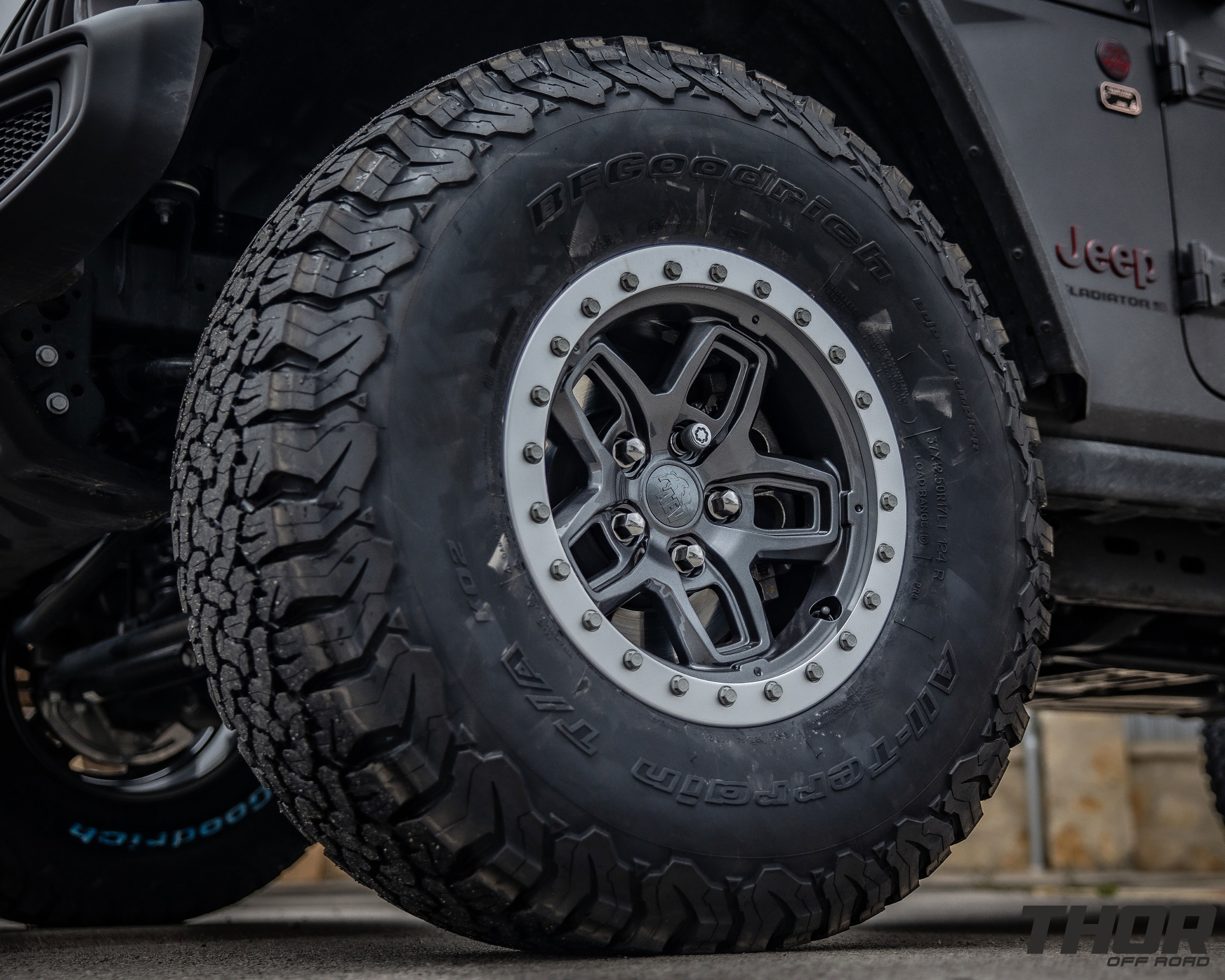 2023 Jeep Gladiator Rubicon in Grey with AEV 2.5" DualSport RT Lift Kit, AEV Borah Wheels, 37x12.50R17 BF Goodrich A/T K02 Tires