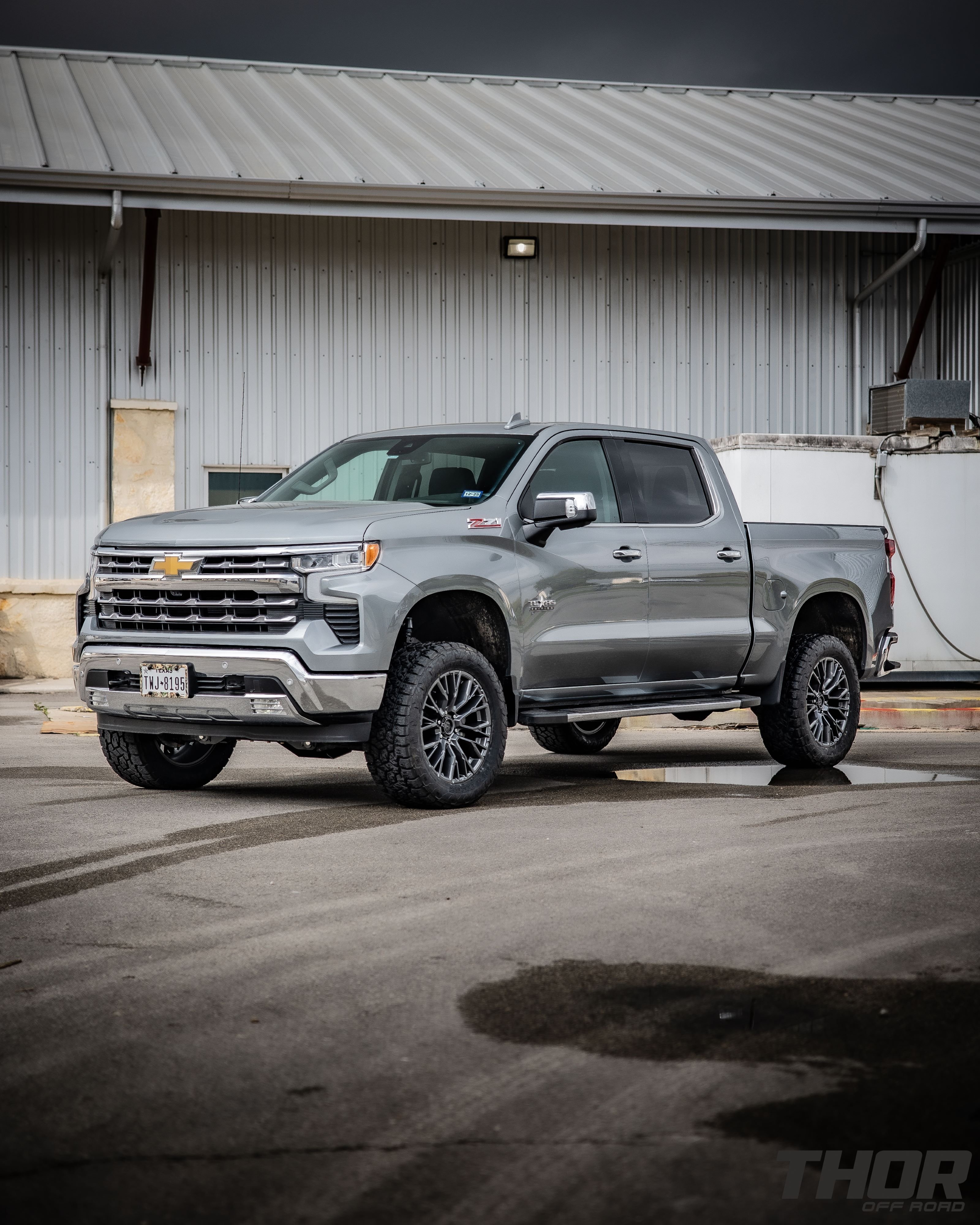2024 Chevrolet Silverado 1500 LTZ in Silver with BDS 4" Lift Kit, Fuel Off-Road Rebar 6 20x9" Wheels, 33x12.50R20 Toyo Open Country A/T III Tires