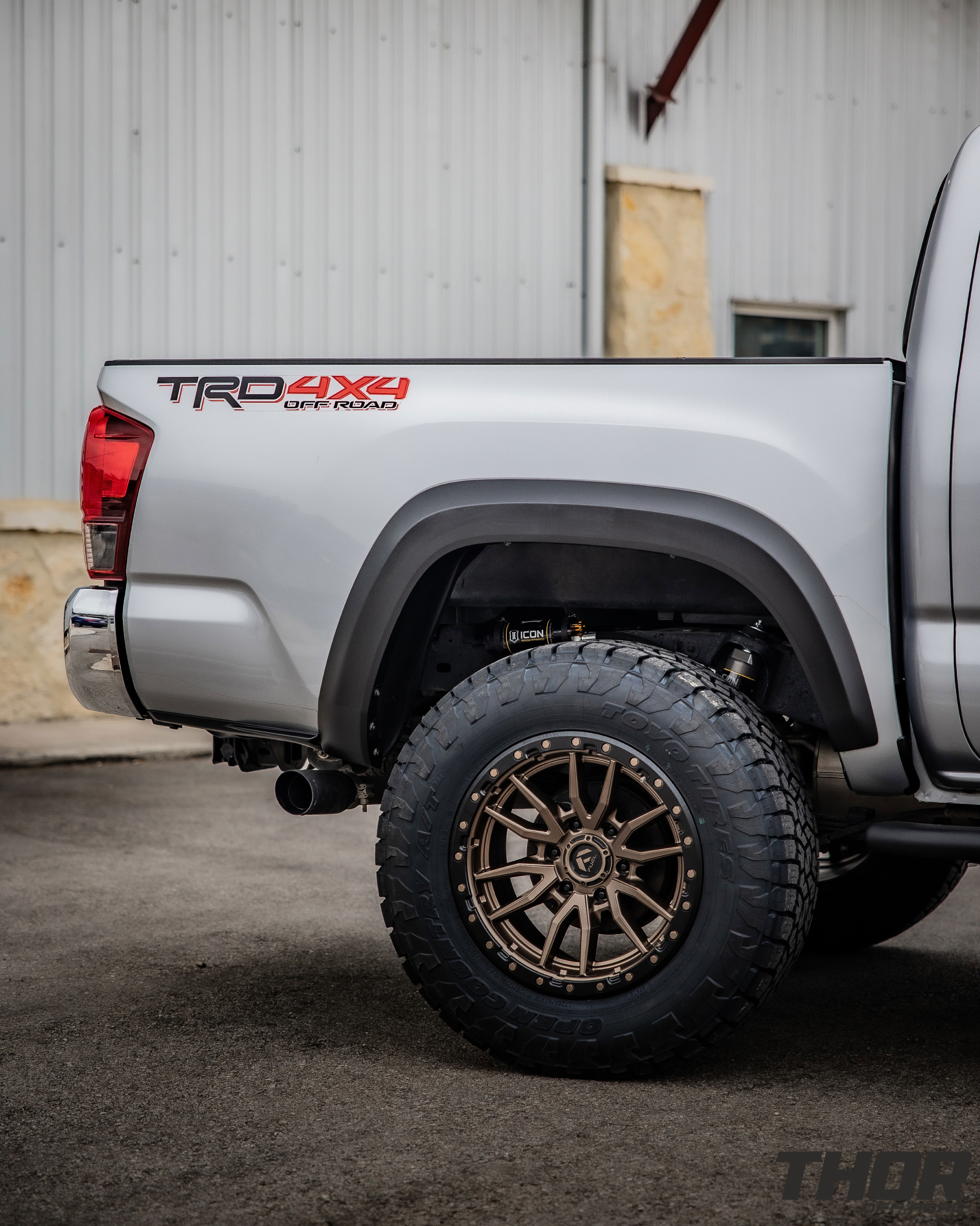 2019 Toyota Tacoma TRD in Silver with 3.5" Icon Dynamics Stage 6 Suspension Kit, Fuel Rebel 18x9" Matte Bronze Wheels, 285/65R18 Toyo Open Country A/T III Tires