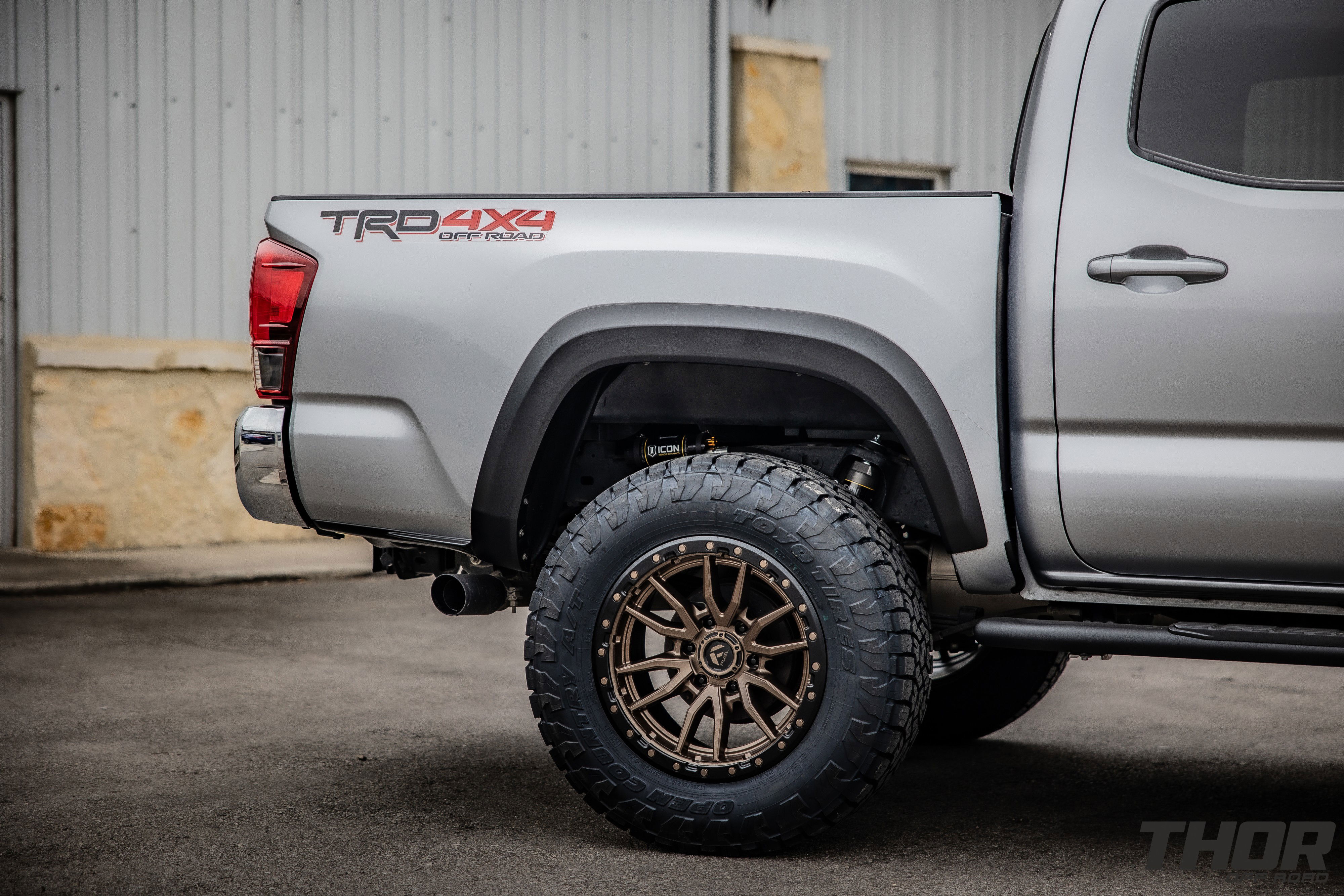 2019 Toyota Tacoma TRD in Silver with 3.5" Icon Dynamics Stage 6 Suspension Kit, Fuel Rebel 18x9" Matte Bronze Wheels, 285/65R18 Toyo Open Country A/T III Tires