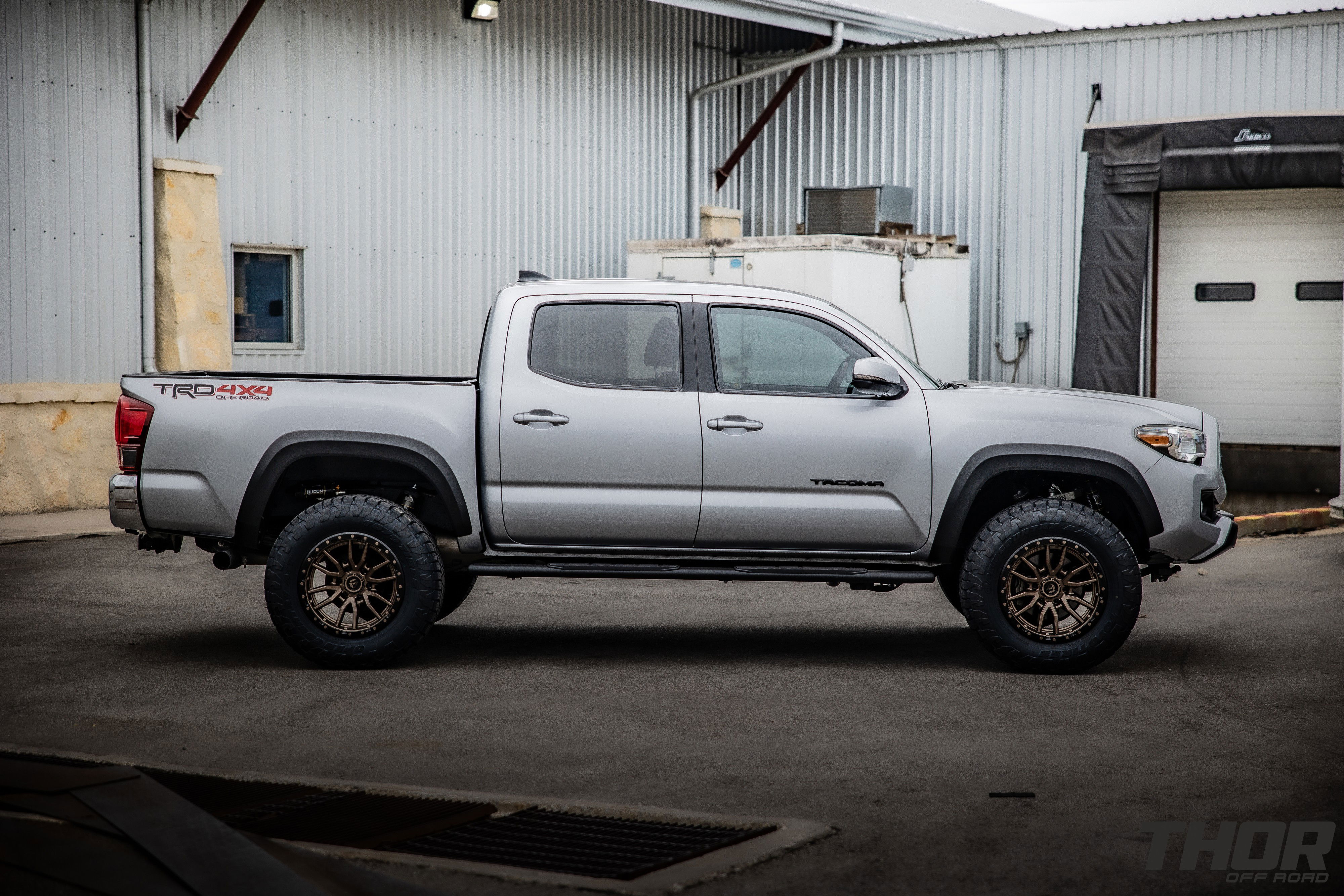 2019 Toyota Tacoma TRD in Silver with 3.5" Icon Dynamics Stage 6 Suspension Kit, Fuel Rebel 18x9" Matte Bronze Wheels, 285/65R18 Toyo Open Country A/T III Tires