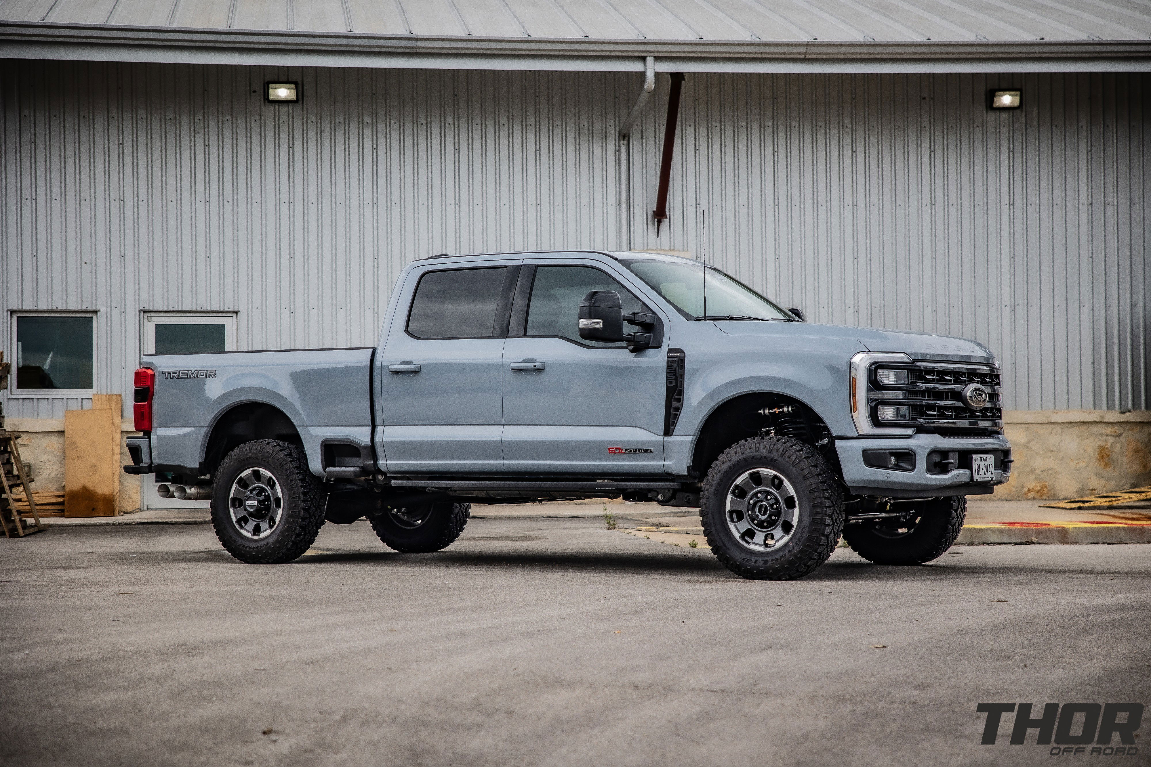 2024 Ford F-250 Super Duty Lariat in Grey with Carli 3.5" Backcountry Suspension Kit, Carli High Mount Steering Stabilizer, Carli Low Mount Steering Stabilizer, Carli Sway Bar Drop Bracket, Carli Full Rear Spring Replacement